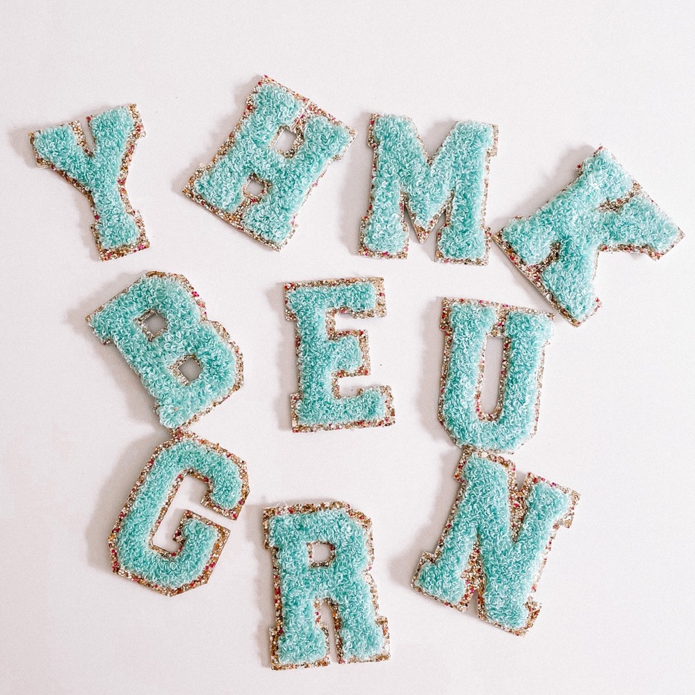 Mint Monogram Glitter Chenille Varsity Let…